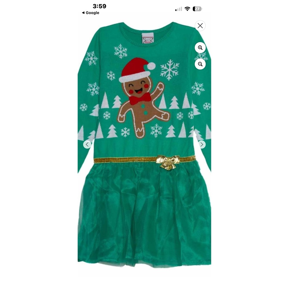 Holiday Sweater Girls Green Gingerbread Man Tulle Tutu Christmas Dress XS 4-5